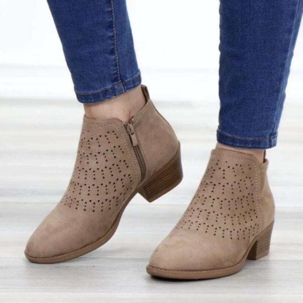 Boho Ankle Boots Taupe Suede Booties Low Heel Laser Cut Design With Zipper - Picture 11 of 11
